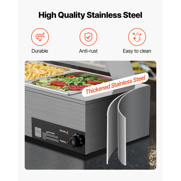SucceBuy Commercial Food Warmer Electric Stainless Steel Steam Food Warmer with Glass Cover 3-Pan Countertop Buffet Bain Marie