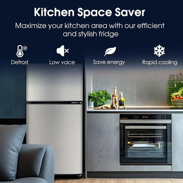 Compact 3.2 Cu.Ft TwoDoor Refrigerator with Freezer and 7 Adjustable Temperature Levels for Efficient Food and Drink Storage in