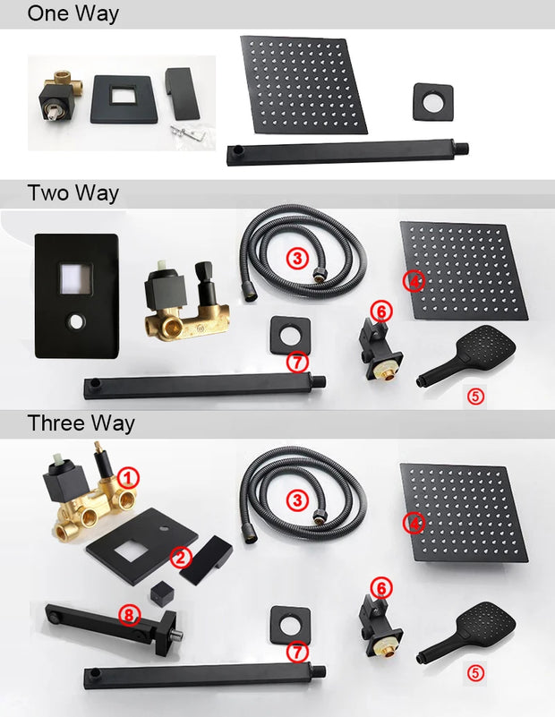 Black Shower Set Wall Mounted Shower Faucet Mixer 8inch to16inch Rainfall Bathroom Shower Tap with Handshower Rotate Bath Spout