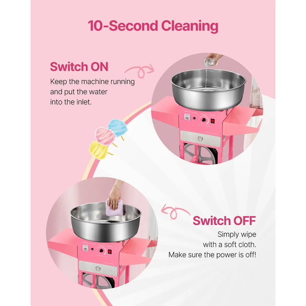 SucceBuy Electric Cotton Candy Machine with Cart Commercial Candy Floss Maker with 20.5 in Stainless Steel Bowl Sugar Scoop