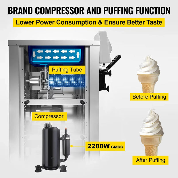 VEVOR 2200W Commercial Vertical Soft Ice Cream Machine 7.4 Gallons per Hour Efficient Dessert Equipment Ice Cream Machine