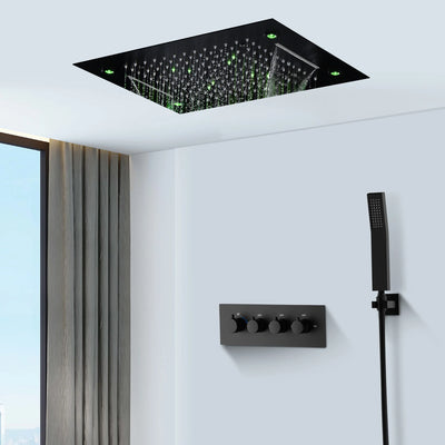 OLEFY Bathroom Shower Head 360*500MM Matte Black Thermostatic Concealed Faucet Hand Shower Ceiling LED Shower Set