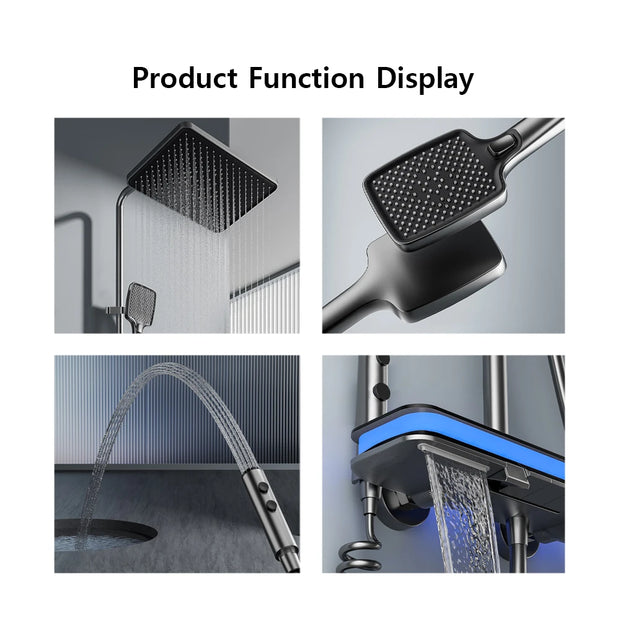 Luxury Shower System Set Waterfall Rainfall Black Bathroom Smart Faucet Digital Display Bathtub Thermostat Mixer Shower Full Set