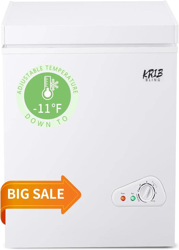 KRIB BLING 3.5 Cu.Ft Compact Chest Freezer with Removable Basket, Krib Bling Top Door Open Freestanding Deep Freezer with 7 Gear