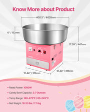 SucceBuy Electric Cotton Candy Machine Commercial Candy Floss Sugar Maker with 20.5 in Stainless Steel Bowl Sugar Scoop Pink