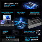 MOREFINE M10S Mini pc N150 (up to 3.6GHz)12GB DDR5 RAM 16TB M.2 SSD Dual 2.5G LAN Business Mini Desktop Computer 4K WiFi6 BT5.2