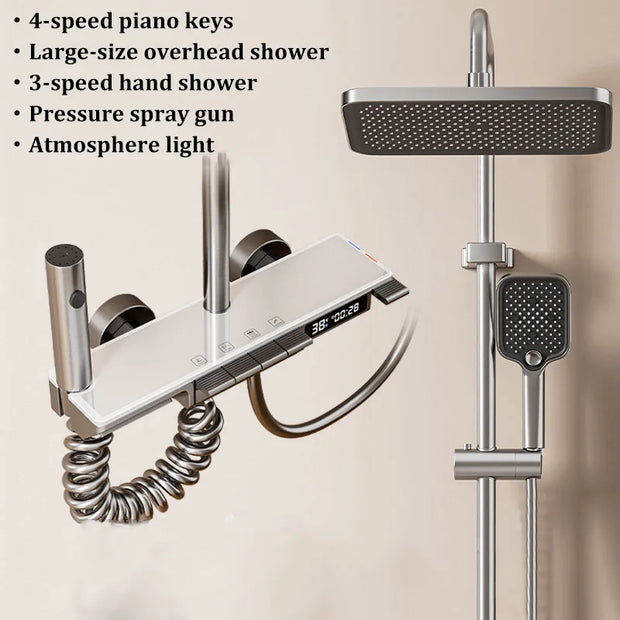 Space Aluminum Household Gun Gray Digital Display Shower Set Hotel Bathroom Shower Atmosphere Light Shower Full Set