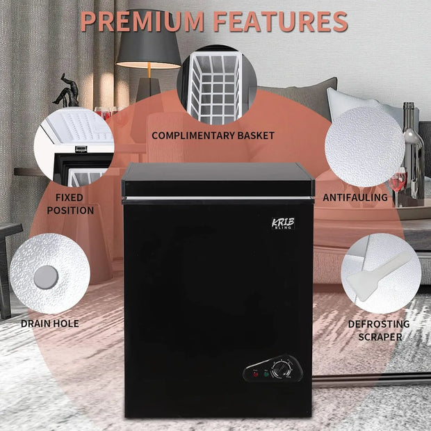 KRIB BLING 3.5 Cu.Ft Compact Chest Freezer with Removable Basket, Krib Bling Top Door Open Freestanding Deep Freezer with 7 Gear