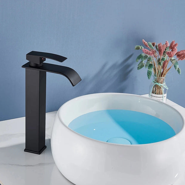 Black Waterfall Bathroom Faucet, Basin, Sink, Sinks, Mixer Tap, Hot and Cold Water Tap, Single Hole Bathroom Sink Faucets, Crane