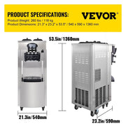 VEVOR Commercial Soft Ice Cream Maker Machine 2200W 20-28L/H Ice Cream Maker Double 6L Hoppers Ice Cream Making Machine