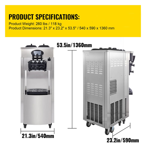 VEVOR Commercial Soft Serve Ice Cream Machine - 6L Dual Hoppers, 3 Flavors, 2200W Compressor, LCD Control for Bars, Catering