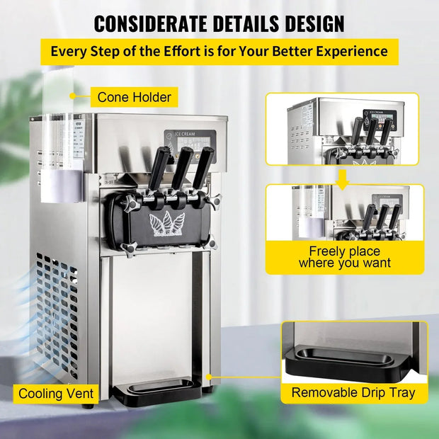 VEVOR A168 Commercial Soft Ice Cream Machine 3 Flavors 16-18L/H Ice Cream Soft Serve Maker 60HZ Lcd Panel One-click Cleaning
