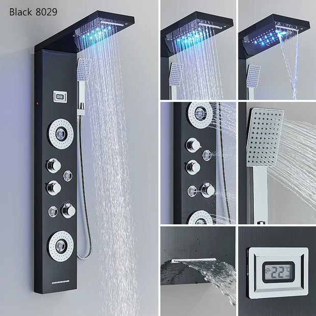 LED Shower Panel Waterfall Rain Shower Faucet Set SPA Massage Jet Bath Shower Column Temperature Display Mixer Tap Tower
