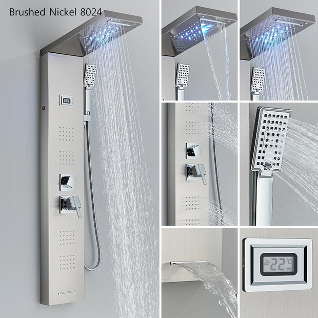 LED Shower Panel Waterfall Rain Shower Faucet Set SPA Massage Jet Bath Shower Column Temperature Display Mixer Tap Tower