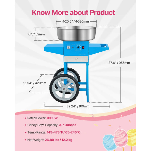 SucceBuy Electric Cotton Candy Machine with Cart Commercial Candy Floss Maker with 20.5 in Stainless Steel Bowl Sugar Scoop
