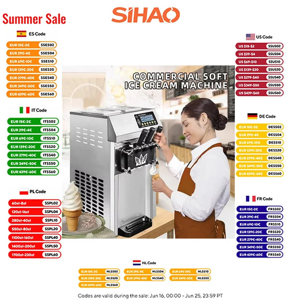 Sihao 1250W Pre-cooling Ice Cream Maker A126 Ice Cream Machine Soft Serve Machine Portable Big Capacity Ice Cream Machine
