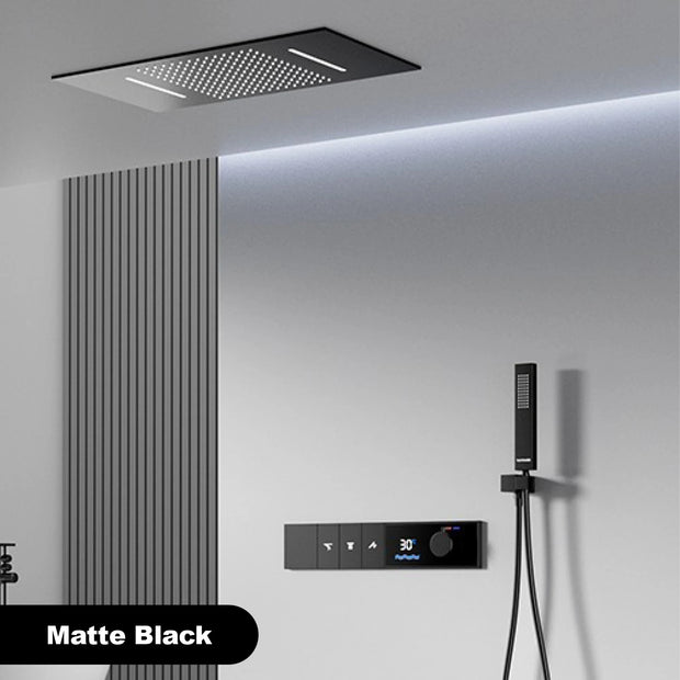 Luxury Brass Gun Grey Thermostatic LED Digital Display 3 Spray Modes Shower System.Ceiling-Embedded Waterfall Outlet Bath Mixer
