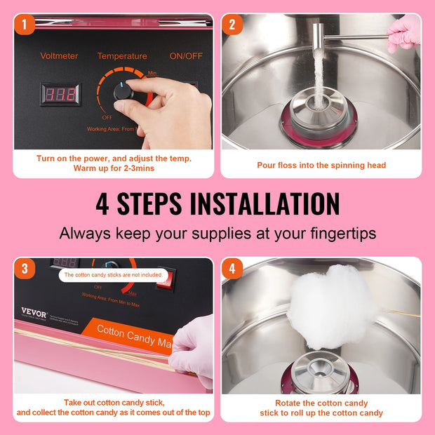 SucceBuy Electric Cotton Candy Machine Candy Floss Maker Commercial Cotton Candy Machine w/ Stainless Steel Bowl and Sugar Scoop