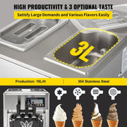 VEVOR A168 Commercial Soft Ice Cream Machine 3 Flavors 16-18L/H Ice Cream Soft Serve Maker 60HZ Lcd Panel One-click Cleaning