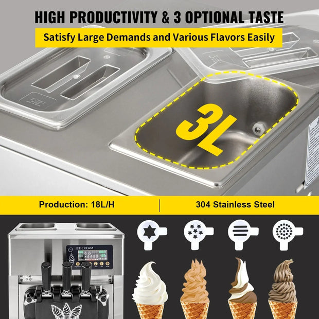 VEVOR A168 Commercial Soft Ice Cream Machine 3 Flavors 16-18L/H Ice Cream Soft Serve Maker 60HZ Lcd Panel One-click Cleaning