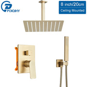 POIQIHY Brushed Golden Shower Faucets Wall Mount Concealed Shower Set Rainfall Bath Shower Mixers 2 ways Bathroom Mixer Tap