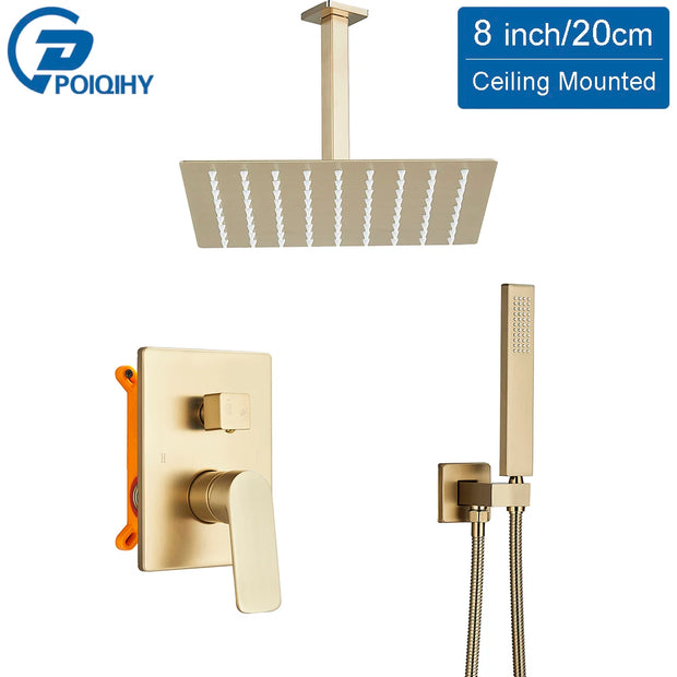 POIQIHY Brushed Golden Shower Faucets Wall Mount Concealed Shower Set Rainfall Bath Shower Mixers 2 ways Bathroom Mixer Tap