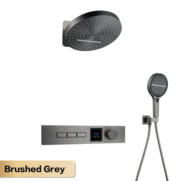 Luxury gun gray brass shower system with LED digital display design Wall mounted constant temperature 3-function bathroom faucet