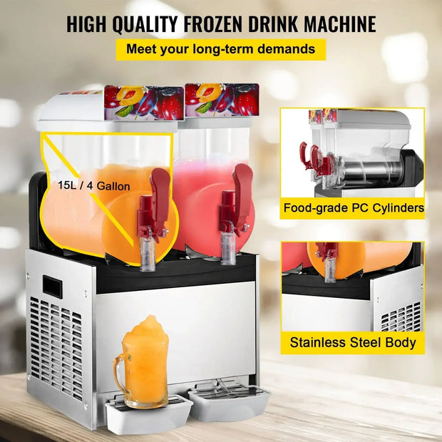 VEVOR Commercial Slushy Machine 500W Margarita Smoothie Frozen Drink Maker Suitable for Ice Juice Tea Coffee Making 15L x 2 Tank