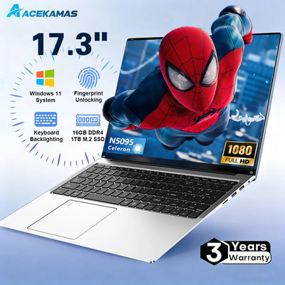 ACEKAMAS 17.3" Laptop Computer Intel N5095 Windows 11 16GB DDR4 1TB SSD Fingerprint Unlock Gaming Office Study Laptop Computer