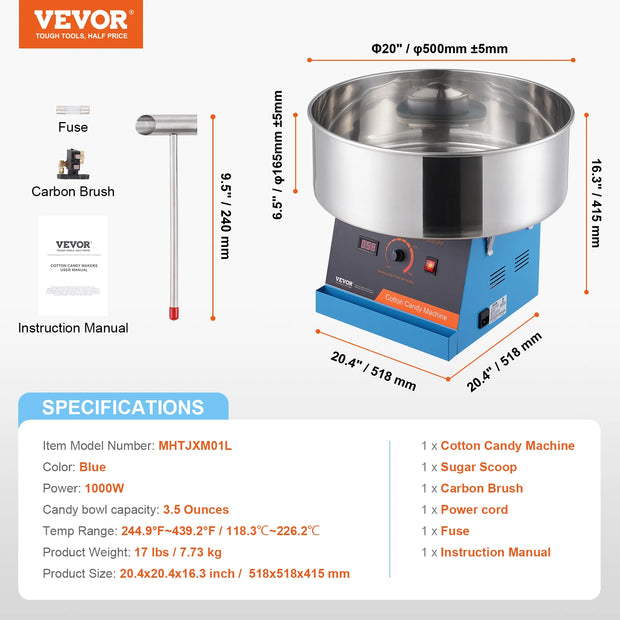 SucceBuy Electric Cotton Candy Machine Candy Floss Maker Commercial Cotton Candy Machine w/ Stainless Steel Bowl and Sugar Scoop