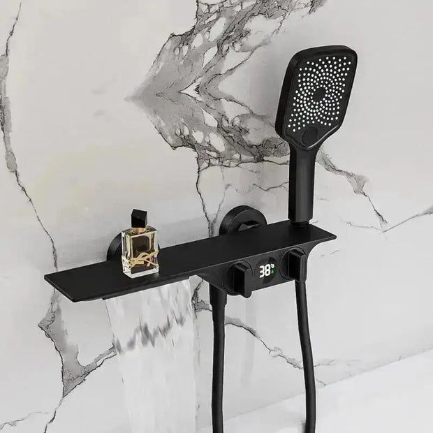 Gray Bathroom Bathtub Faucet Set Wall Mounted Brass Digital Display Smart Waterfall Shower Faucet Set White Chrome Black