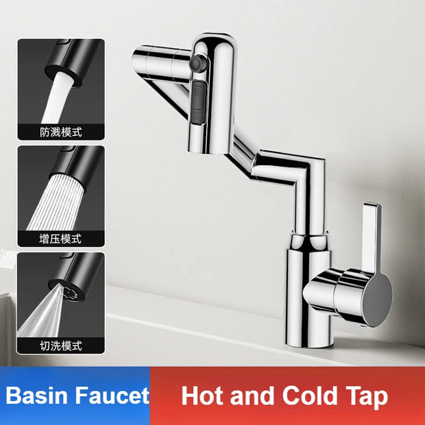 Washbasin Faucet Bathroom Multi-functional Mechanical Arm Cold and Hot Water Tap Digital Display Household Universal Rotation