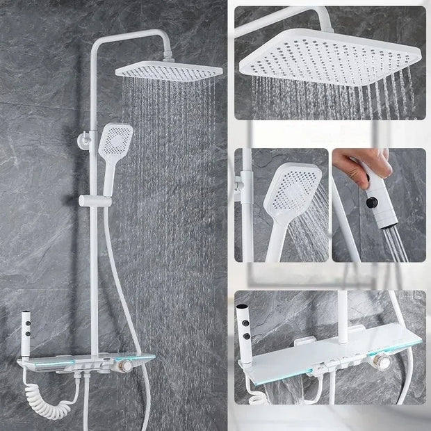 Upgrade White Bathroom Shower Set with LED Display Piano Keys Hot Cold Bath Shower Rain Shower Faucet Bathroom Accessories Brass