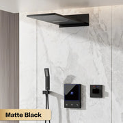 Luxury Gun Grey Brass Wall-Mounted Thermostatic Shower Set Rainfall LED Display&3 Spray Modes Anti-Scald Bathroom Mixer System