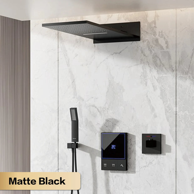 Luxury Gun Grey Brass Wall-Mounted Thermostatic Shower Set Rainfall LED Display&3 Spray Modes Anti-Scald Bathroom Mixer System
