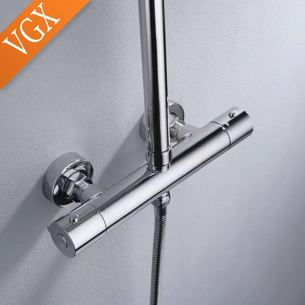 VGX Thermostatic Shower System Intelligent Brass Bathroom Shower Set 2 Function Shower System Round Shower Head Handheld Sprayer