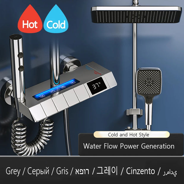 White Grey Rainfall Shower System Suit Brass LED Digital Smart Bathroom Faucet Bathtub 4 Way Square Shower Full Set with Lamp