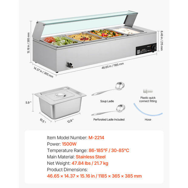 SucceBuy Commercial Food Warmer Electric Stainless Steel Steam Food Warmer with Glass Cover 3-Pan Countertop Buffet Bain Marie
