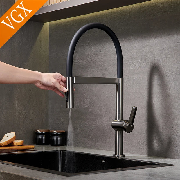VGX Kitchen Faucet Sink Faucets Rubber Pull Down Stream Sprayer Taps Rotatable Kitchen Mixer Water Tap Hot Cold Crane Brass Grey