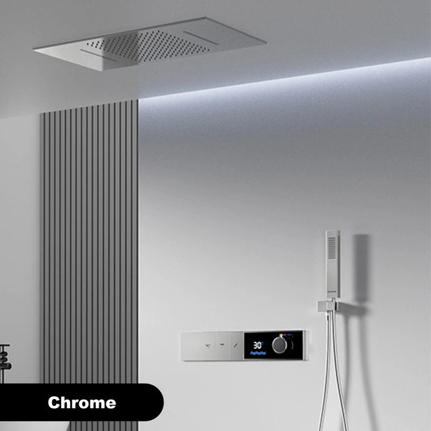 Luxury Brass Gun Grey Thermostatic LED Digital Display 3 Spray Modes Shower System.Ceiling-Embedded Waterfall Outlet Bath Mixer