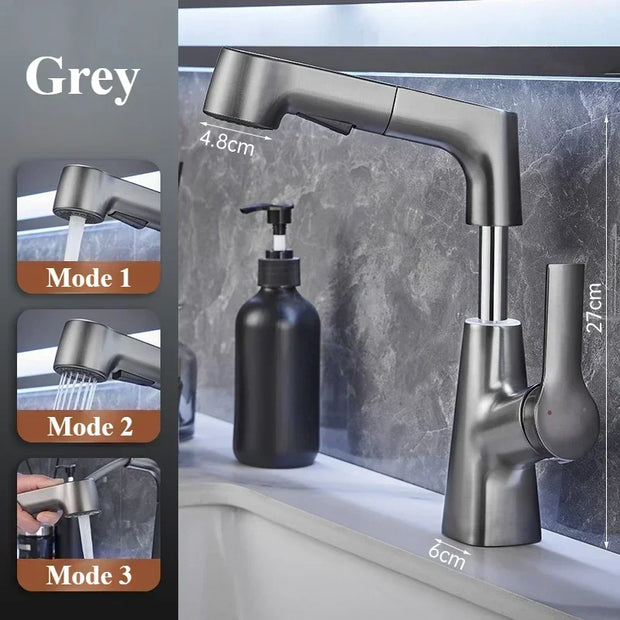 Rotary Pull-out Type Bathroom Faucet Hot and Cold Water Outlet Sink Faucet Three Mode Water Outlet Bathroom Sink Faucet Tap Tap