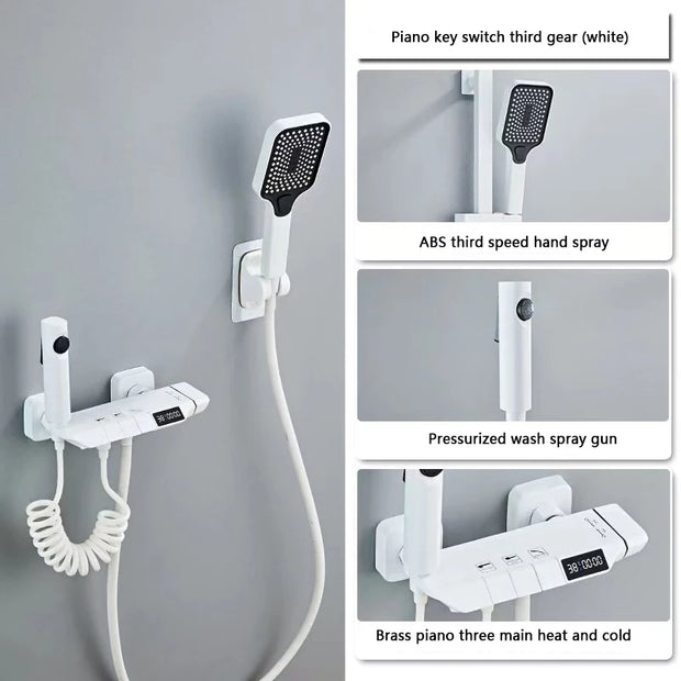 White Grey Deluxe Shower System Set Bathroom Rain Pressurized Shower Faucet Set Brass LED Digital Bathtub Shower Faucet Full Set