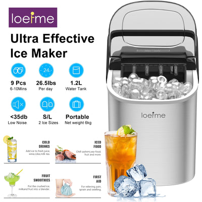 LOEFME Portable Mini Fully Automatic Bullet Shaped Ice Maker 12kg/24h 6 Minutes/9pcs Ice Cubes W/ Scoop Professional Ice Machine