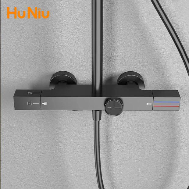 Huniu Thermostatic Shower System Set Gold Shower Set Luxury Bathroom Shower Faucet Set Brass Rainfall Bathroom Shower Set Grey