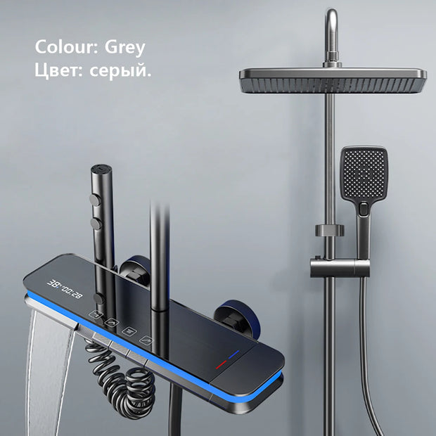 Luxury Shower System Set Waterfall Rainfall Black Bathroom Smart Faucet Digital Display Bathtub Thermostat Mixer Shower Full Set