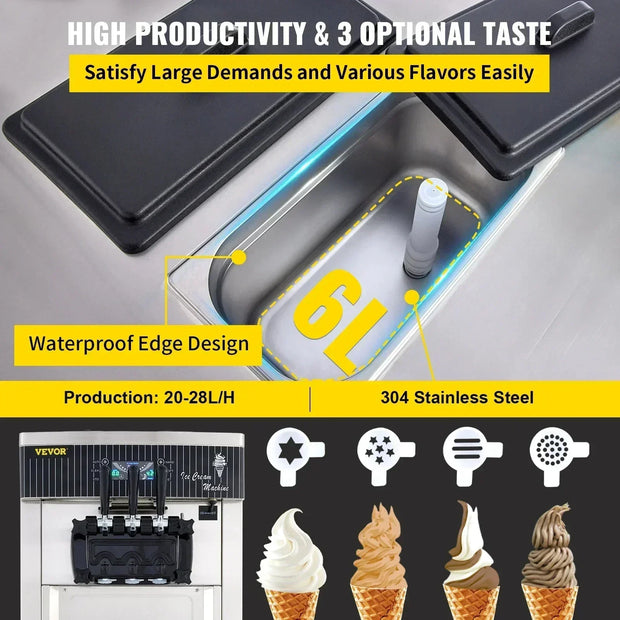 VEVOR Commercial Soft Ice Cream Machine 2200W 20-28L/H Ice Cream Maker Double 6L Hoppers Ice Cream Making Machine YKF-8228H