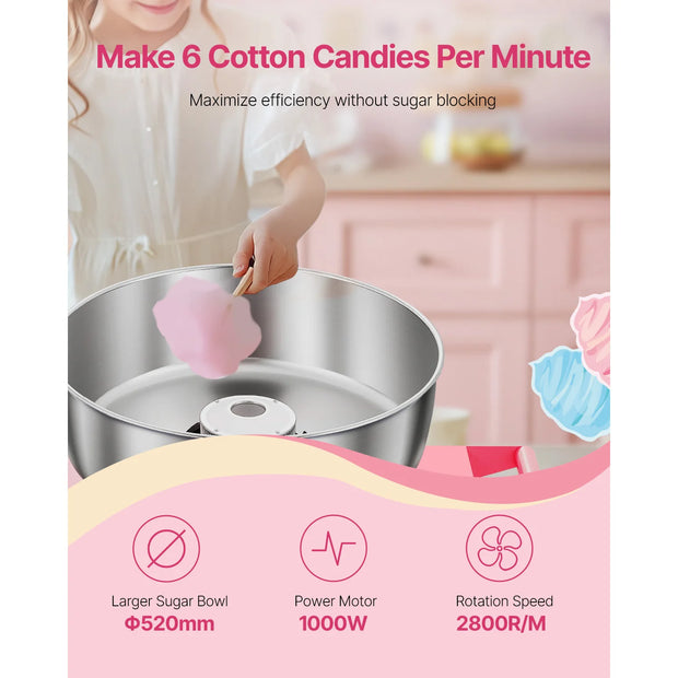 SucceBuy Electric Cotton Candy Machine with Cart Commercial Candy Floss Maker with 20.5 in Stainless Steel Bowl Sugar Scoop