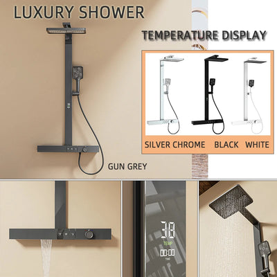 Luxury Led Display Brass Gun Grey Showers Wall Mounted Temperature Display Thermostatic Rainfall Bathroom Shower Sets