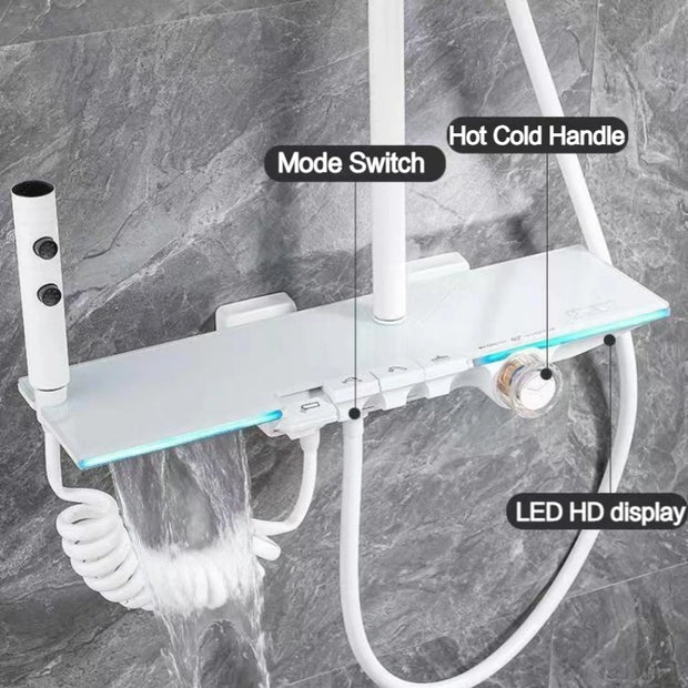 Upgrade White Bathroom Shower Set with LED Display Piano Keys Hot Cold Bath Shower Rain Shower Faucet Bathroom Accessories Brass