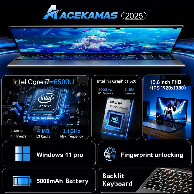 ACEKAMAS 15.6" Intel Core i7 6500U i3 6100U Laptop Computer Windows 11 16GB DDR4 1TB 2TB SSD Portable Notebook PC Gaming Laptops